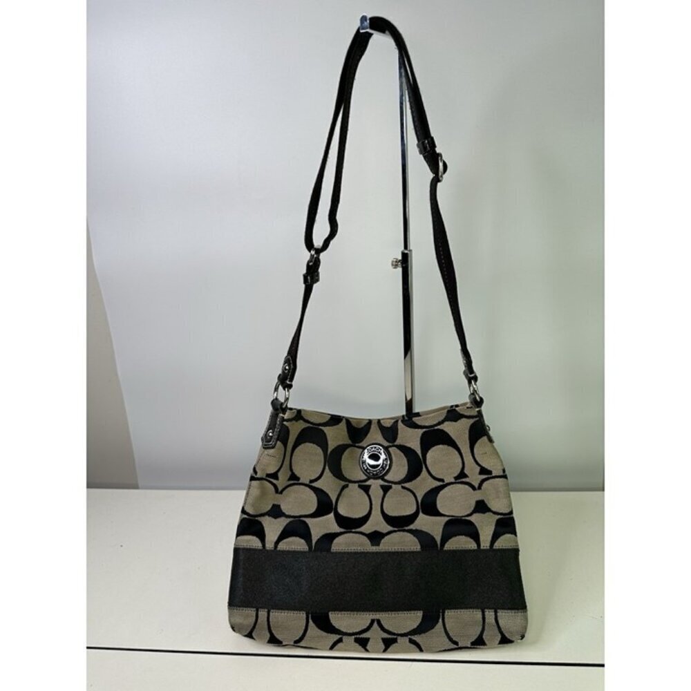Coach Signature Authentic Khaki Brown Stripe Crossbody File Bag F-19220 Purse